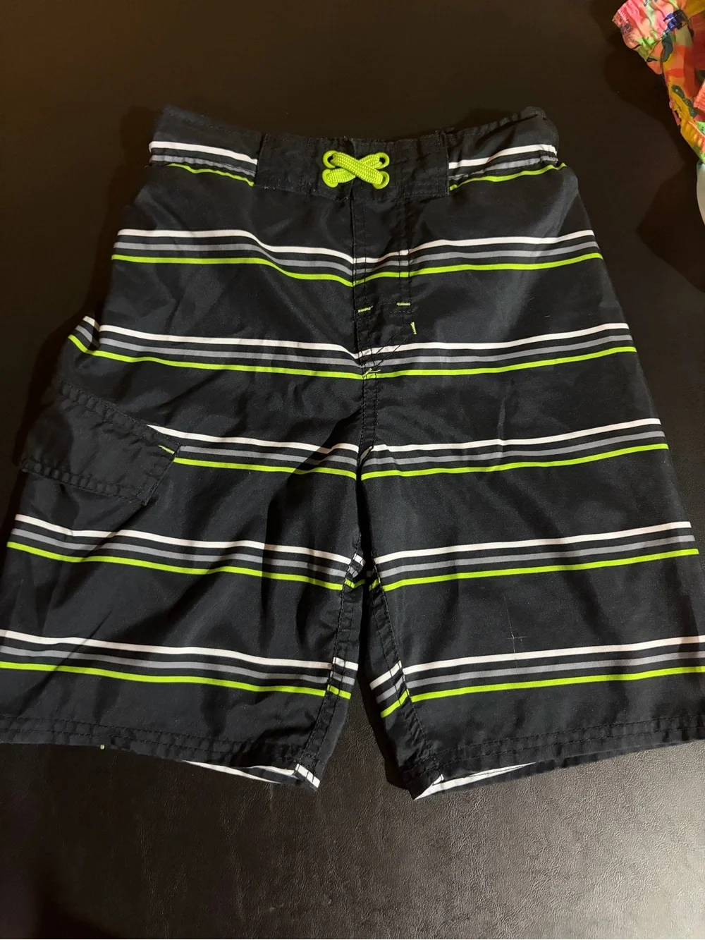 Boys Black Swim Trunks with Lime and White Stripes